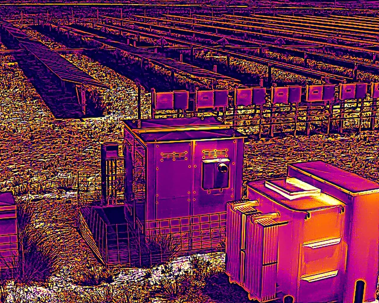 Aerial thermal image — Utility-scale solar array with inverter and combiner station