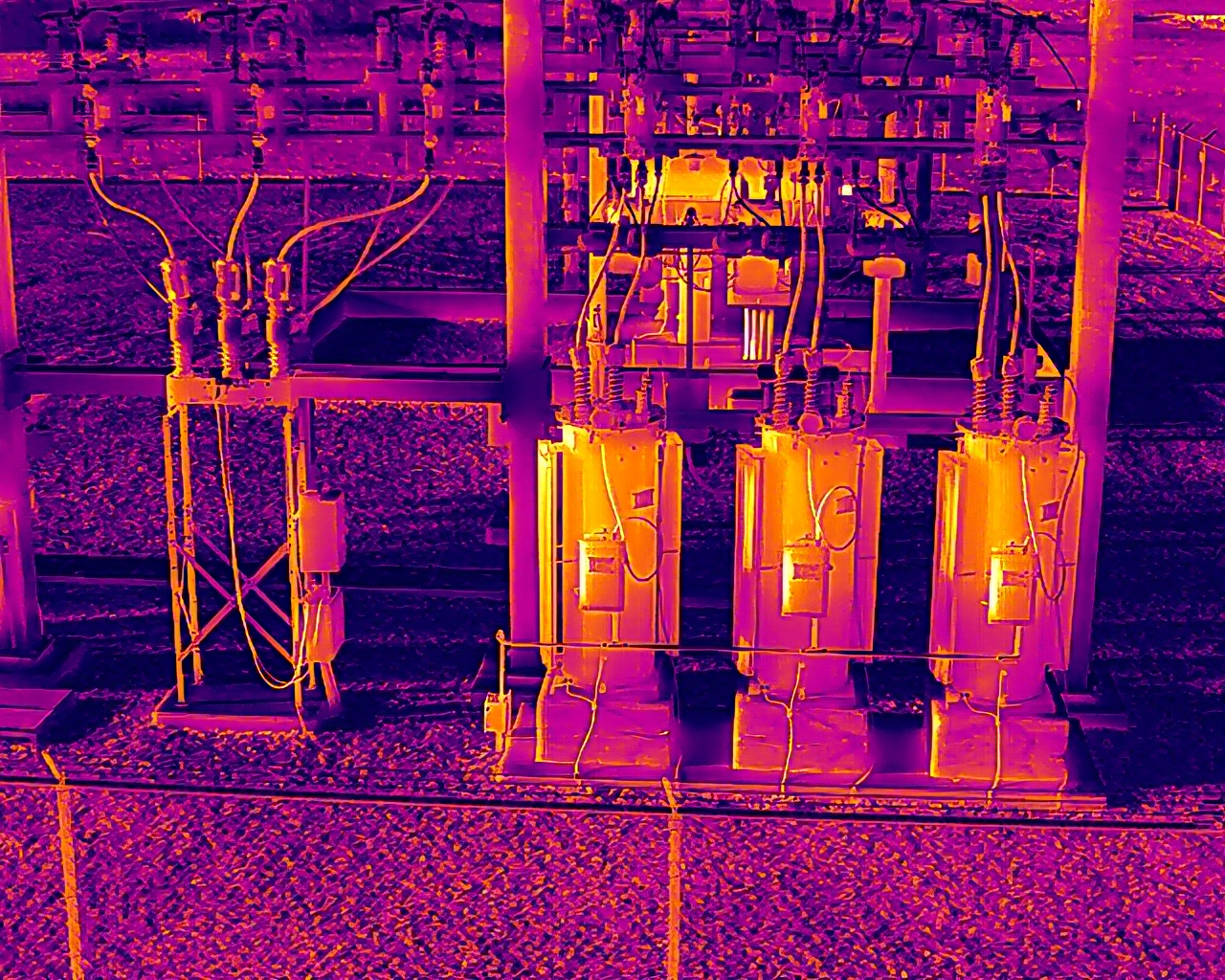 Aerial thermal image — Substation regulator bank and switchgear assembly